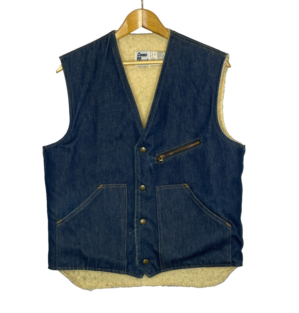 Mens Medium Vtg Come On Strong Sherpa Lined Dark Wash Selvage Denim Vest Western